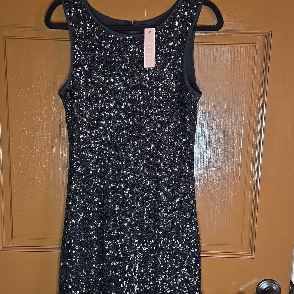 Velvet-Sequin black tank style sleeveless short dress Sz S NWT.